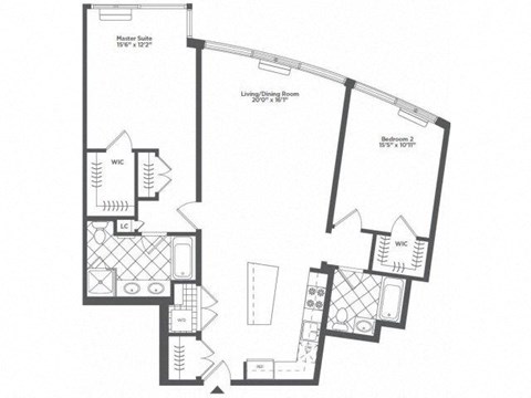 Floor plan for 2 beds, 2 baths, 1285 sqft